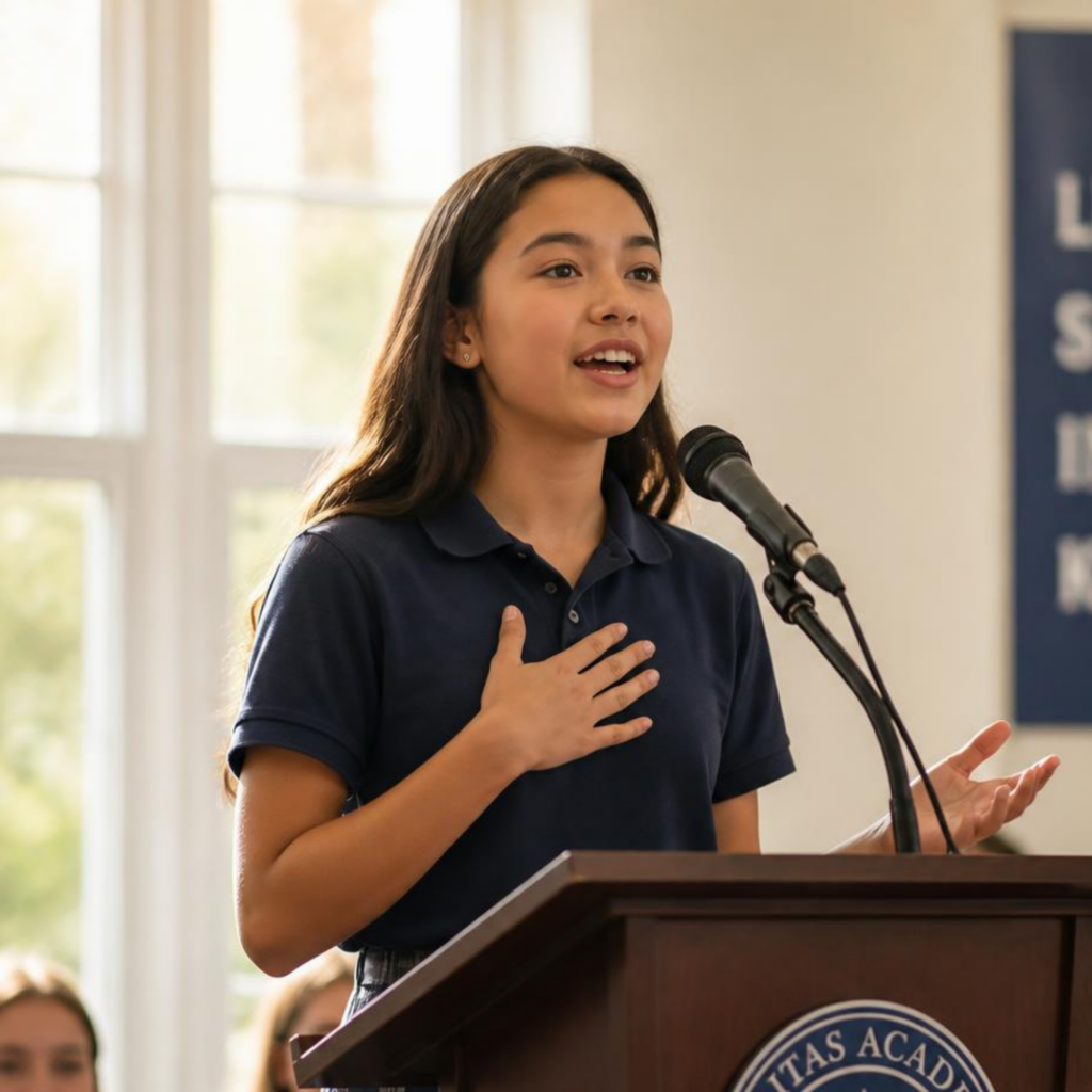 student giving speech